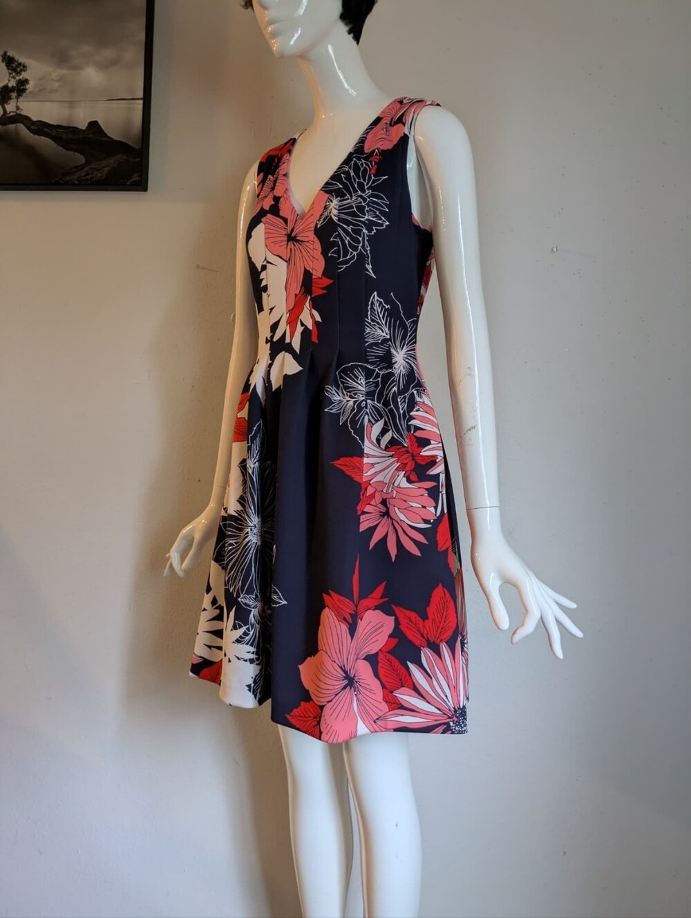 Vince Camuto Floral Fit & Flare Dress Size 4 Navy Pink Red Sleeveless